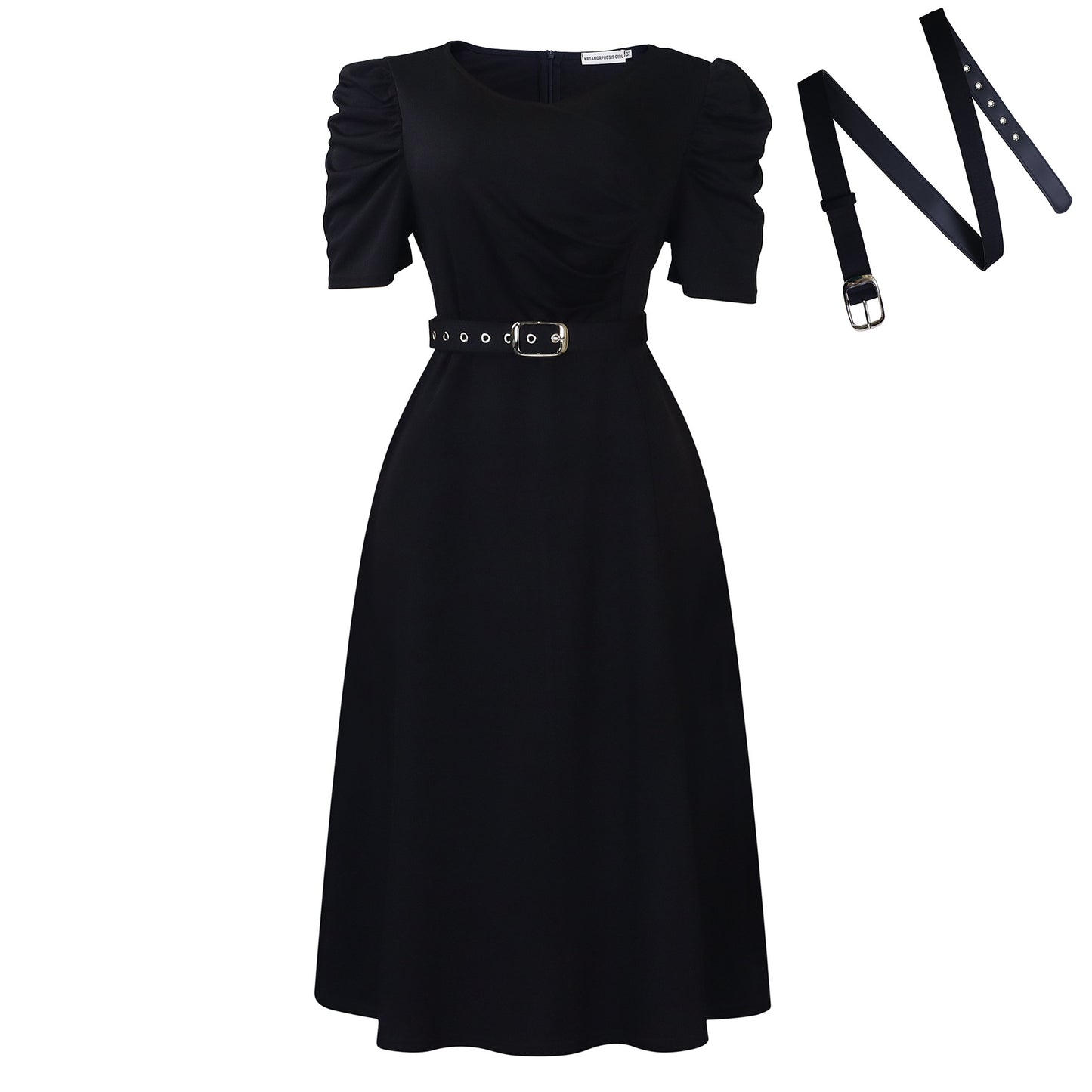 Damen Midi-Kleid mit voluminösen Puffärmeln und schickem Taillengürtel Stalluxe