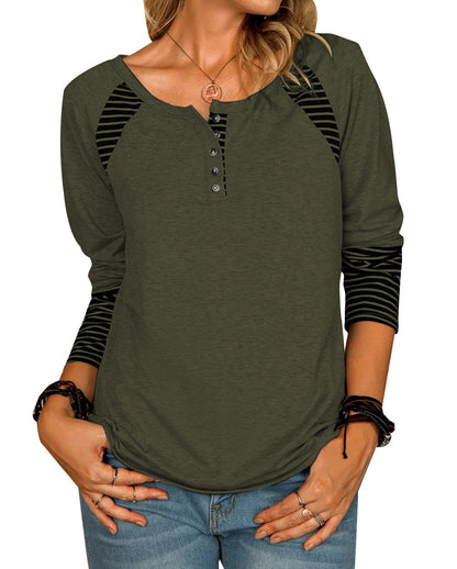 Damen lässiges Langarmshirt mit gestreiften Farbblockdetails und Knopfverschluss Stalluxe
