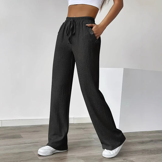 Damen Weit geschnittene Freizeithose mit elastischem Bund und dekorativen Knöpfen Stalluxe