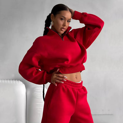 Damen sportliches Crop-Pullover-Set mit hohem Kragen und elastischem Bund Stalluxe