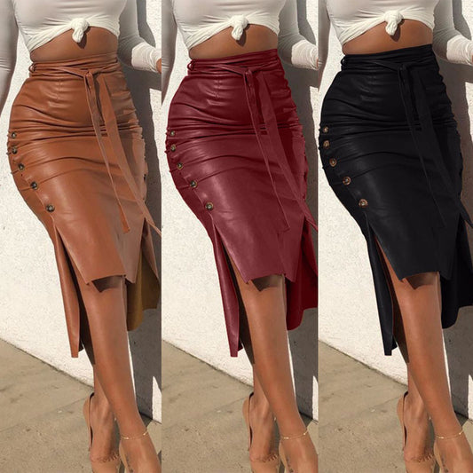 Damen Kunstlederrock mit Knopfdetails und seitlichem Schlitz Stalluxe