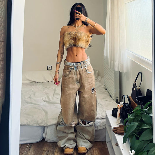 Damen Baggy Jeans mit ausgefranstem Saum und used Look Stalluxe