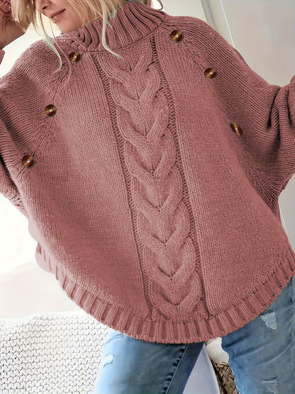 Damen Lockere Strickpullover mit hohem Kragen und dekorativen Knöpfen Stalluxe