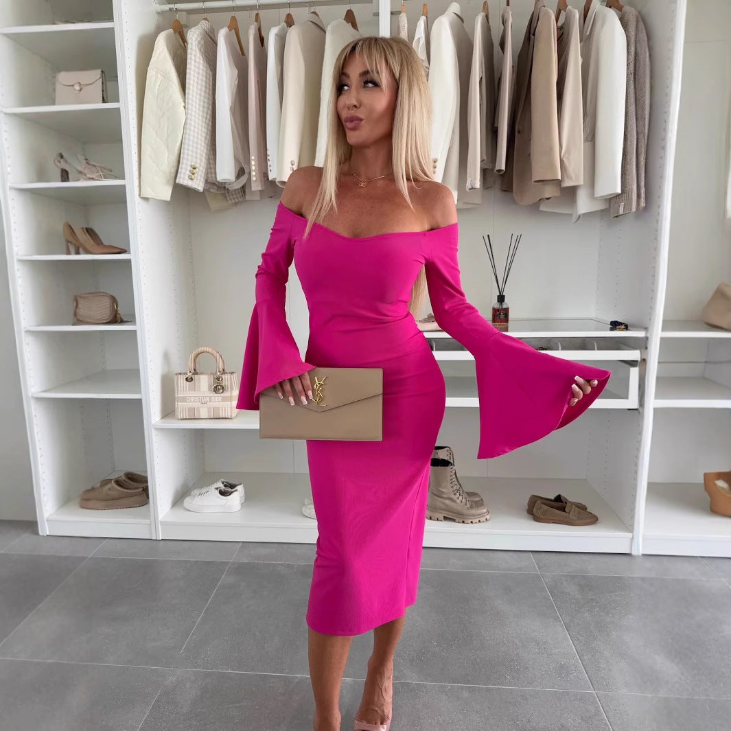 Damen Kleid mit schulterfreiem Ausschnitt und ausgestellten Ärmeln Stalluxe Magenta