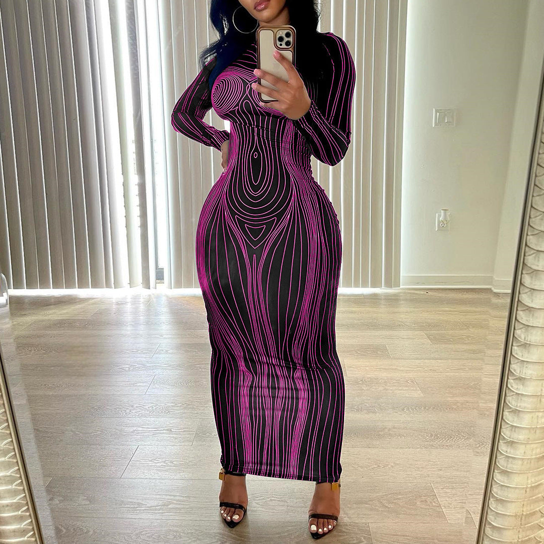 Damen Langarm Maxikleid mit figurformender Linienstruktur Stalluxe