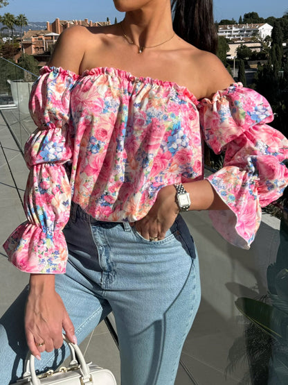 Damen Bluse mit schulterfreiem Schnitt und Volantärmeln Stalluxe