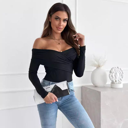 Damen Off-Shoulder Langarmshirt mit raffinierten Drapierungen Stalluxe