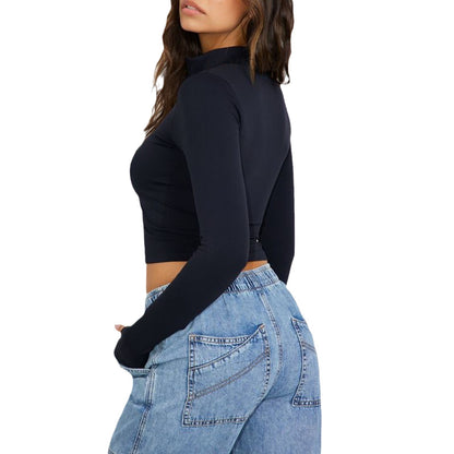 Damen Sportliches Cropped-Top mit langem Arm und Stehkragen Stalluxe