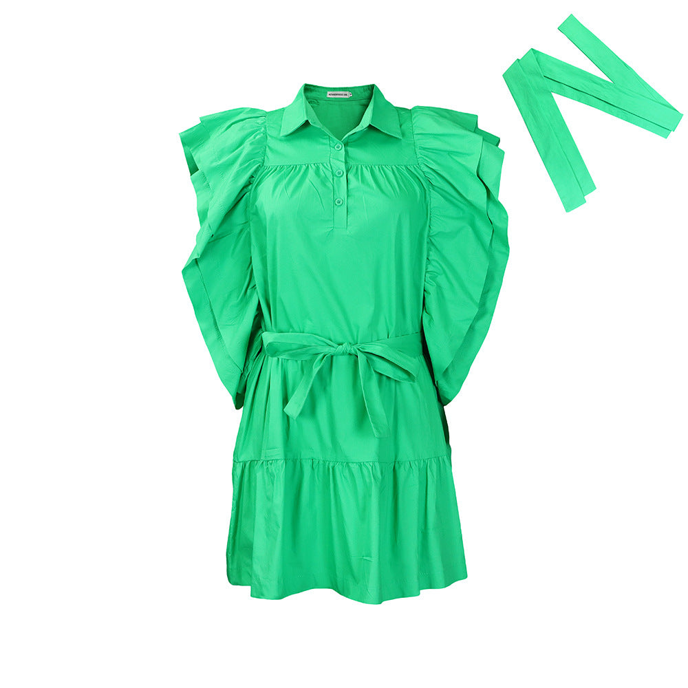 Damen Hemdblusenkleid mit voluminösen Rüschenärmeln und Taillengürtel Stalluxe Grün