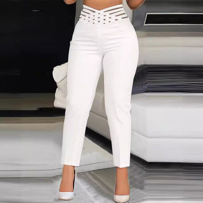 Damen stylische High-Waist Hosen mit transparentem Gitterbund Stalluxe