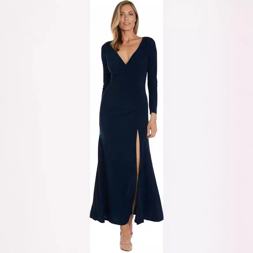 Damen elegantes Maxikleid mit tiefem V-Ausschnitt und seitlichem Schlitz Stalluxe