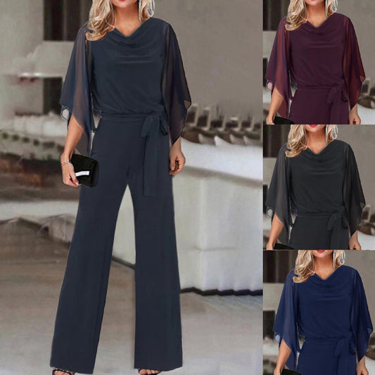 Damen eleganter Jumpsuit mit schwingenden Ärmeln und tailliertem Gürtel Stalluxe