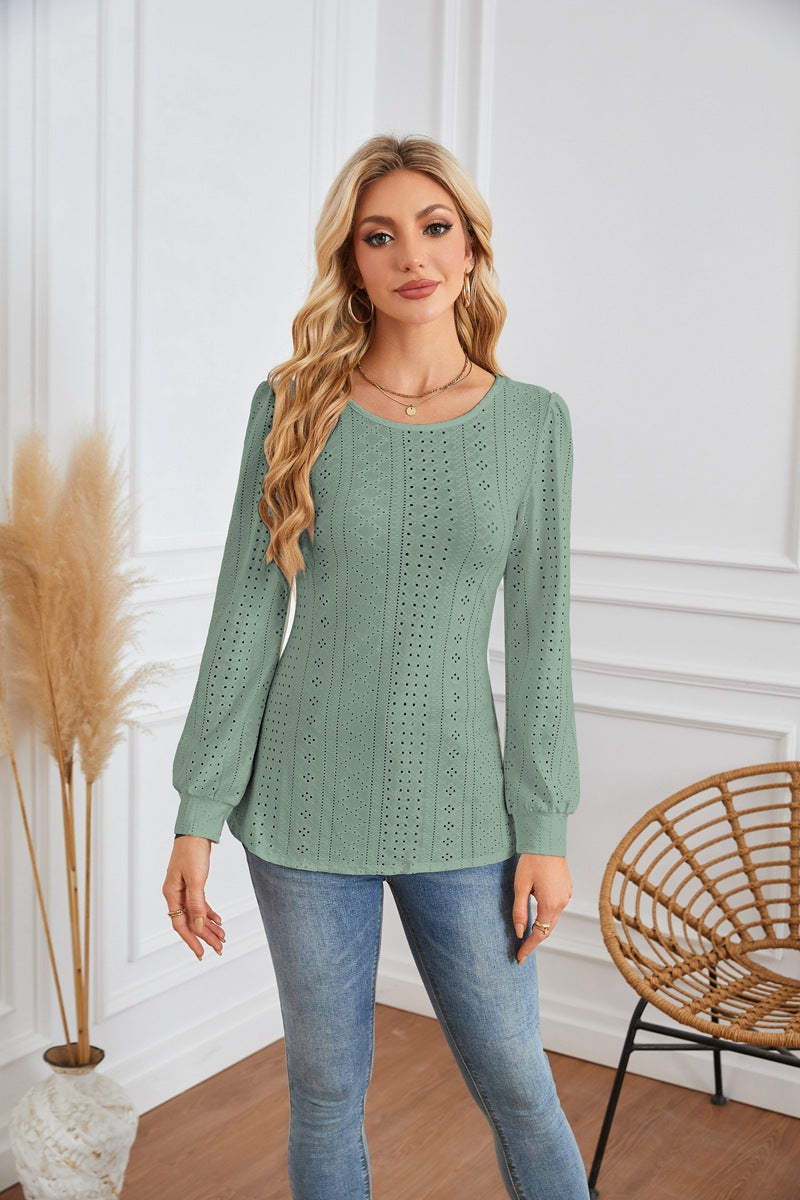 Damen Bluse mit luftigen Lochmustern und eleganten Puffärmeln Stalluxe