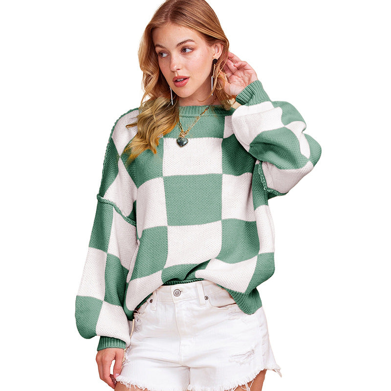 Damen Oversized Pullover mit Karomuster und voluminösen Ärmeln Stalluxe
