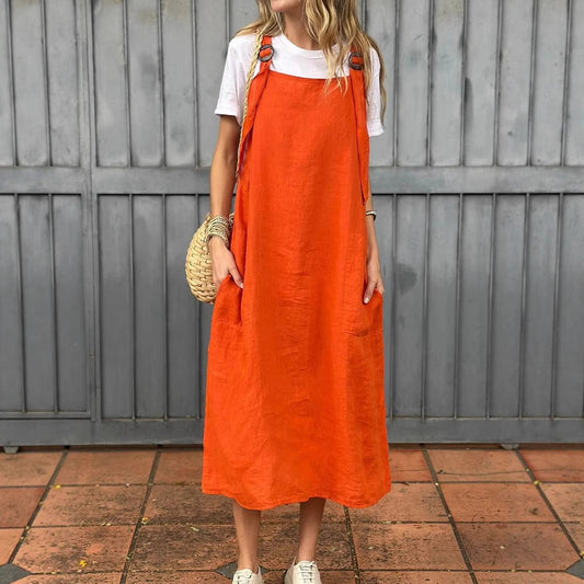 Damen lässiges Leinen-Trägerkleid mit praktischen Taschen Stalluxe