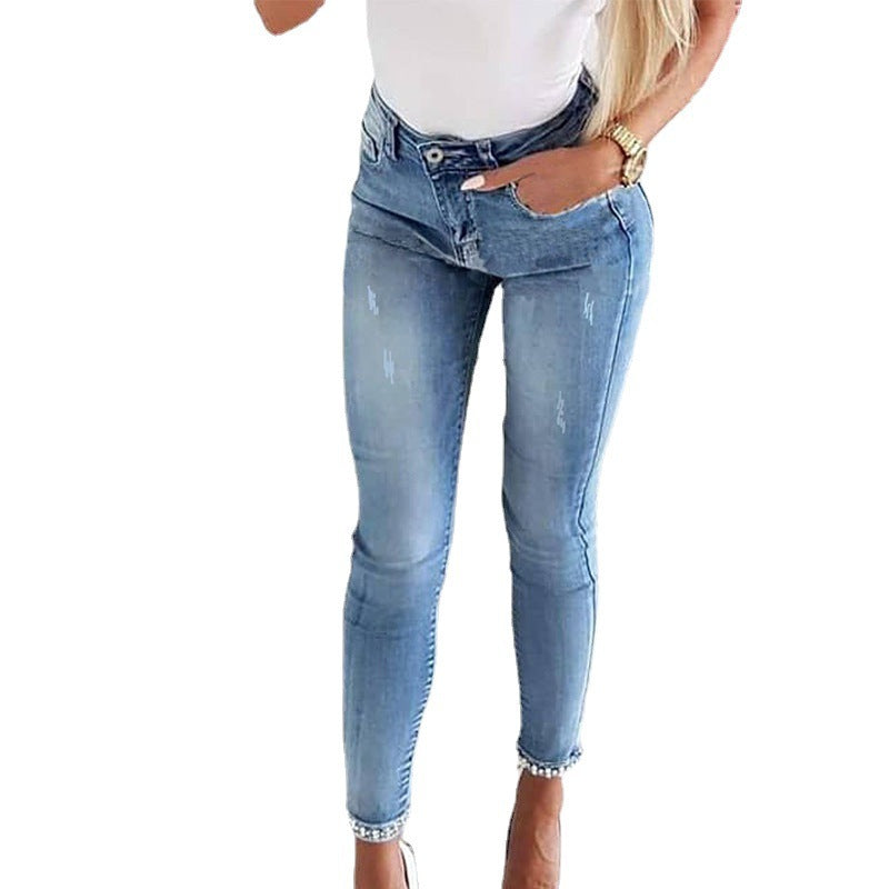 Damen Skinny Jeans mit Perlen- und Schleifendetails Stalluxe