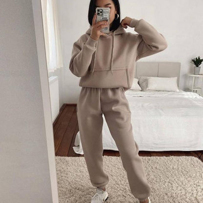 Damen lässiger Fleece-Sweatsuit mit cropped Hoodie und elastischer Hose Stalluxe