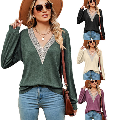 Damen V-Ausschnitt Pullover mit Spitzenakzenten und lässigem Schnitt Stalluxe