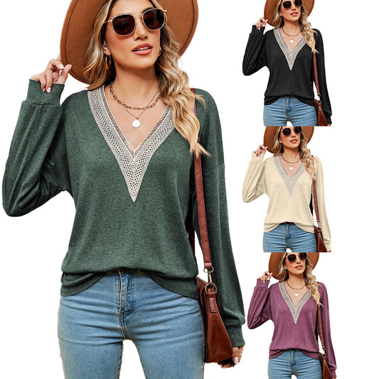 Damen V-Ausschnitt Pullover mit Spitzenakzenten und lässigem Schnitt Stalluxe