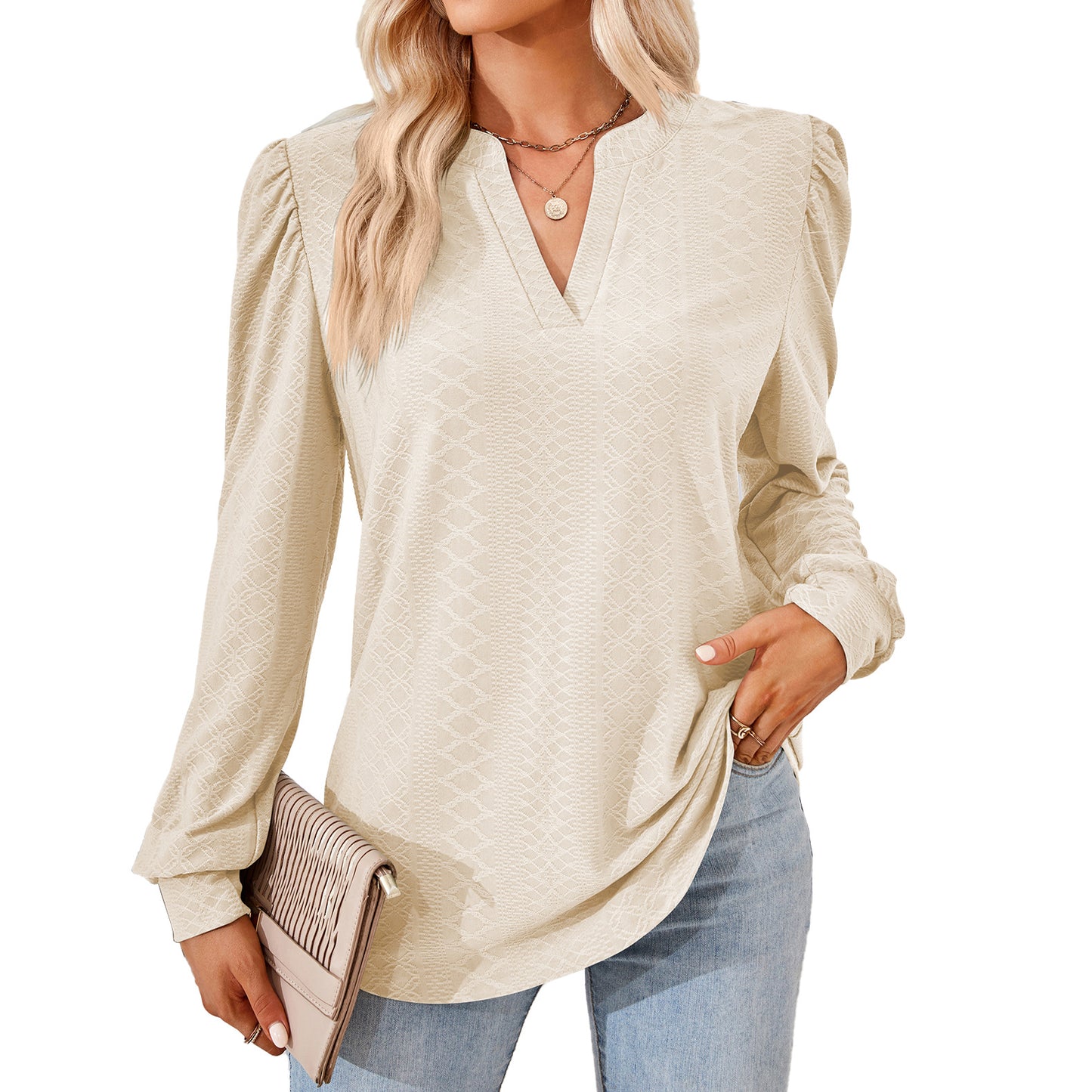 Damen Blusenshirt mit elegantem V-Ausschnitt und strukturiertem Muster Stalluxe