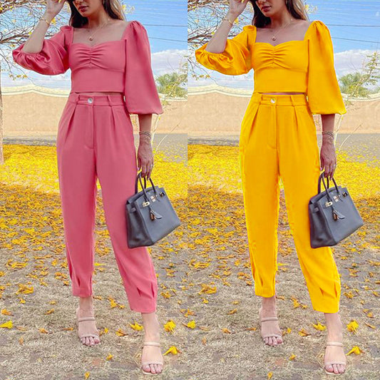 Damen Zweiteiliges Set mit Puffärmeln und eleganter Hochbundhose Stalluxe