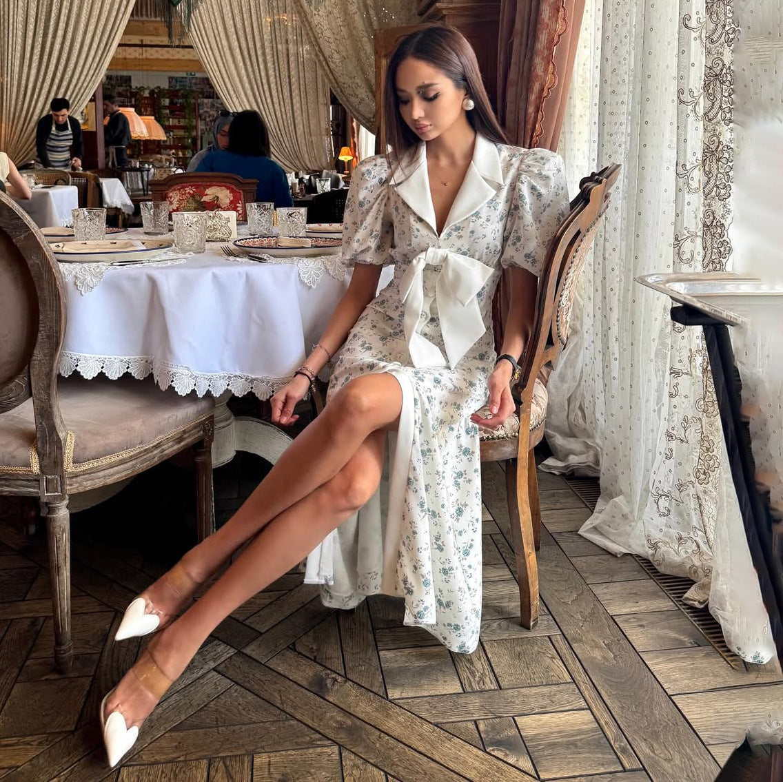 Damen Maxi-Kleid mit Puffärmeln und Schärpenbund Stalluxe