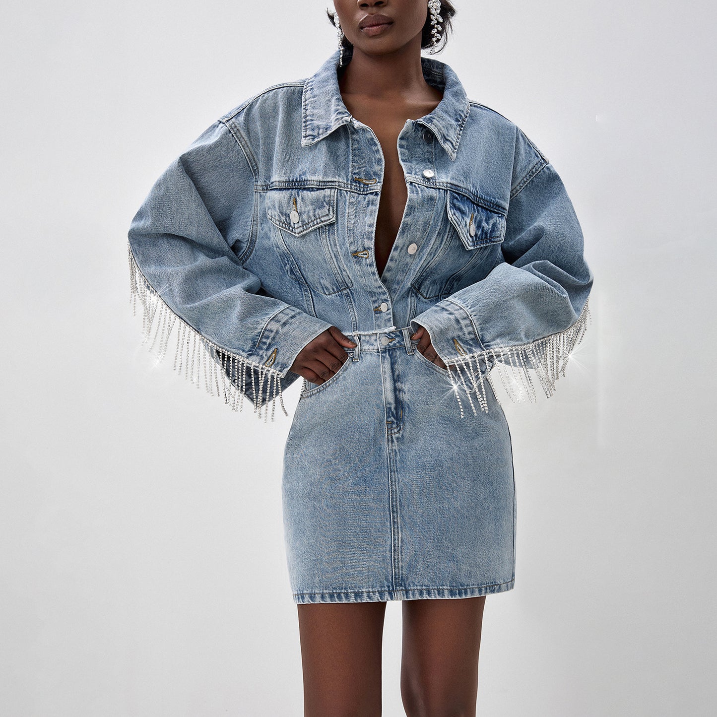 Damen Denim-Hemdjacke mit auffälligem Fransen-Design Stalluxe