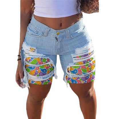 Damen Jeans-Shorts mit buntem Muster und stylishen Ausfransen Stalluxe