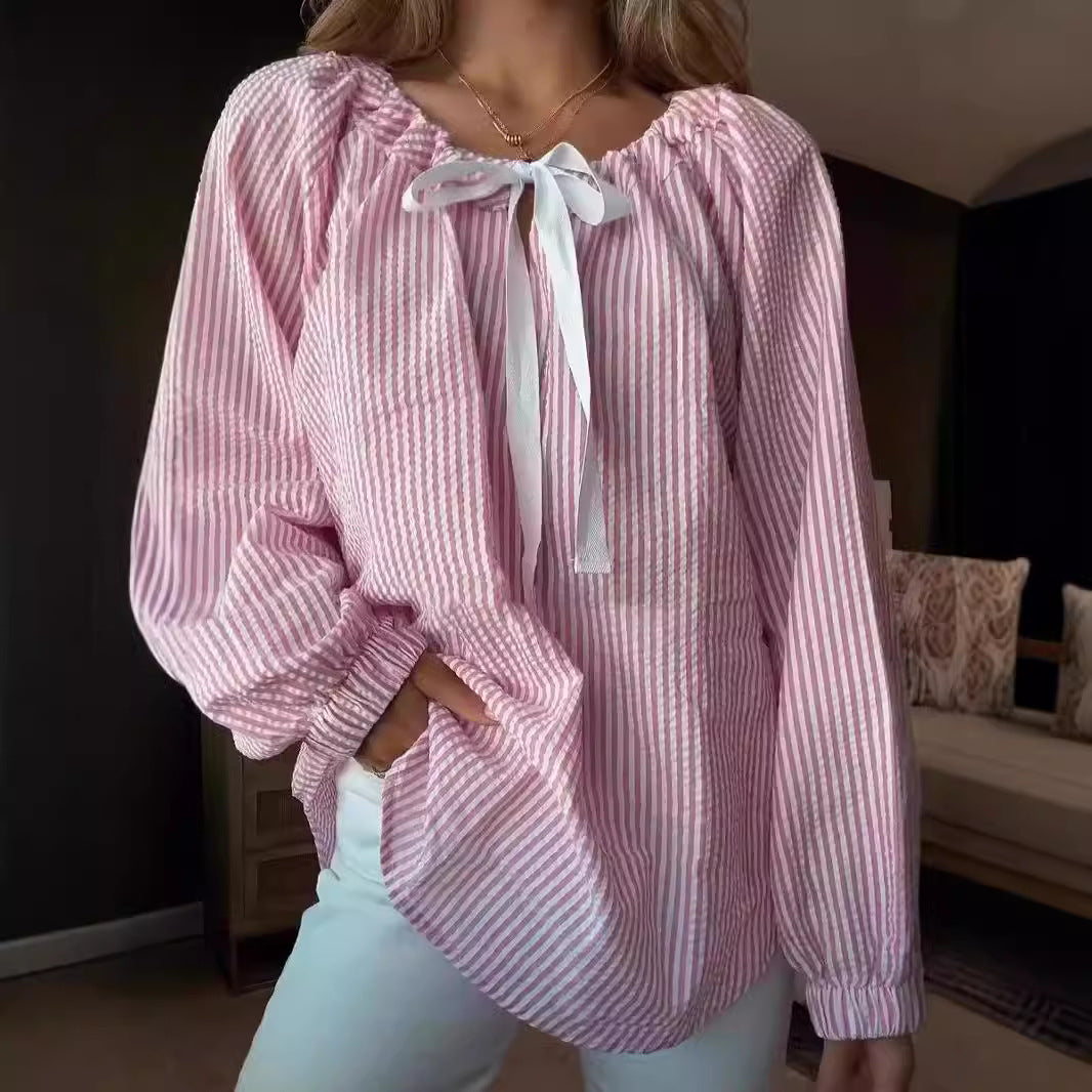 Damen Blusenshirt mit elastischem Puffärmel und dekorativem Bindeband Stalluxe