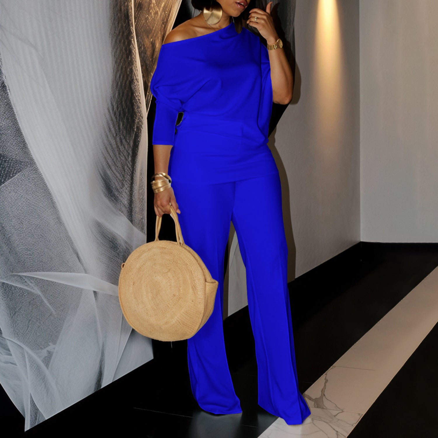 Damen Elegantes Outfitset mit schickem One-Shoulder-Oberteil und weitem Hosen Stalluxe