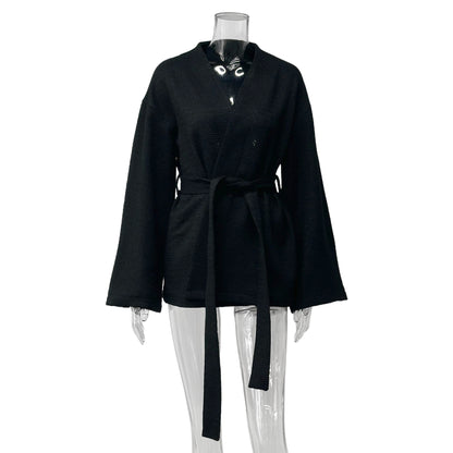 Damen lässige Waffelstoffjacke mit Taillengürtel Stalluxe