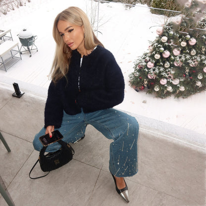 Damen Weit geschnittene Jeans mit funkelnden Perlenakzenten und lässigem Design Stalluxe