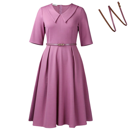 Damen Elegantes Skaterkleid mit Kragen und Taillengürtel Stalluxe