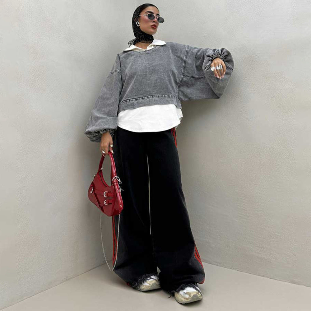 Damen Oversized Denim-Look Pullover mit voluminösen Ärmeln Stalluxe