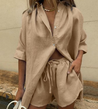 Damen lässiges Leinen-Set mit oversized Hemd und kurzen Hosen Stalluxe