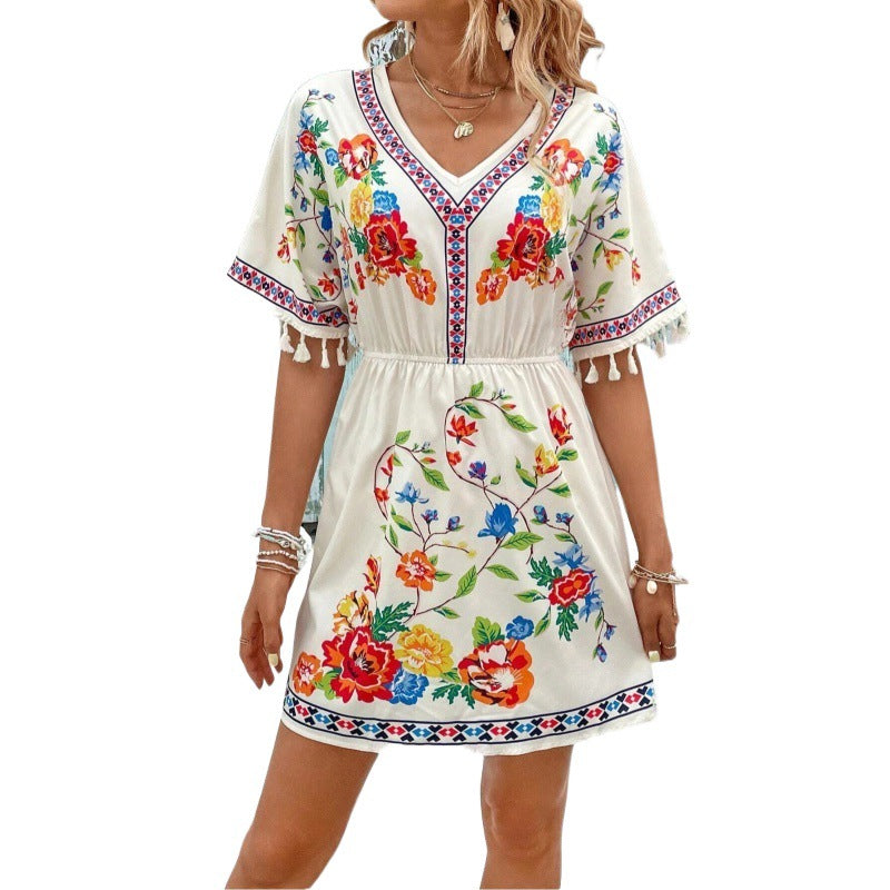 Damen Freizeitkleid mit floralem Design und fransigen Ärmeln Stalluxe