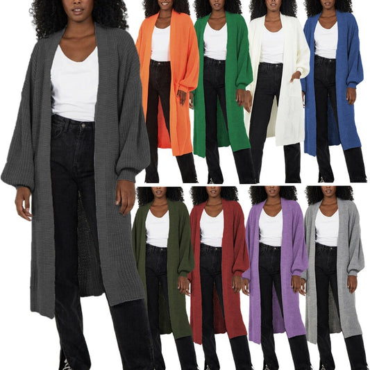 Damen Langer Strickcardigan mit voluminösen Ärmeln und offenem Schnitt Stalluxe