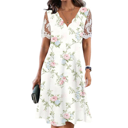 Damen Blumenkleid mit luftigen Spitzenärmeln und elegantem V-Ausschnitt Stalluxe