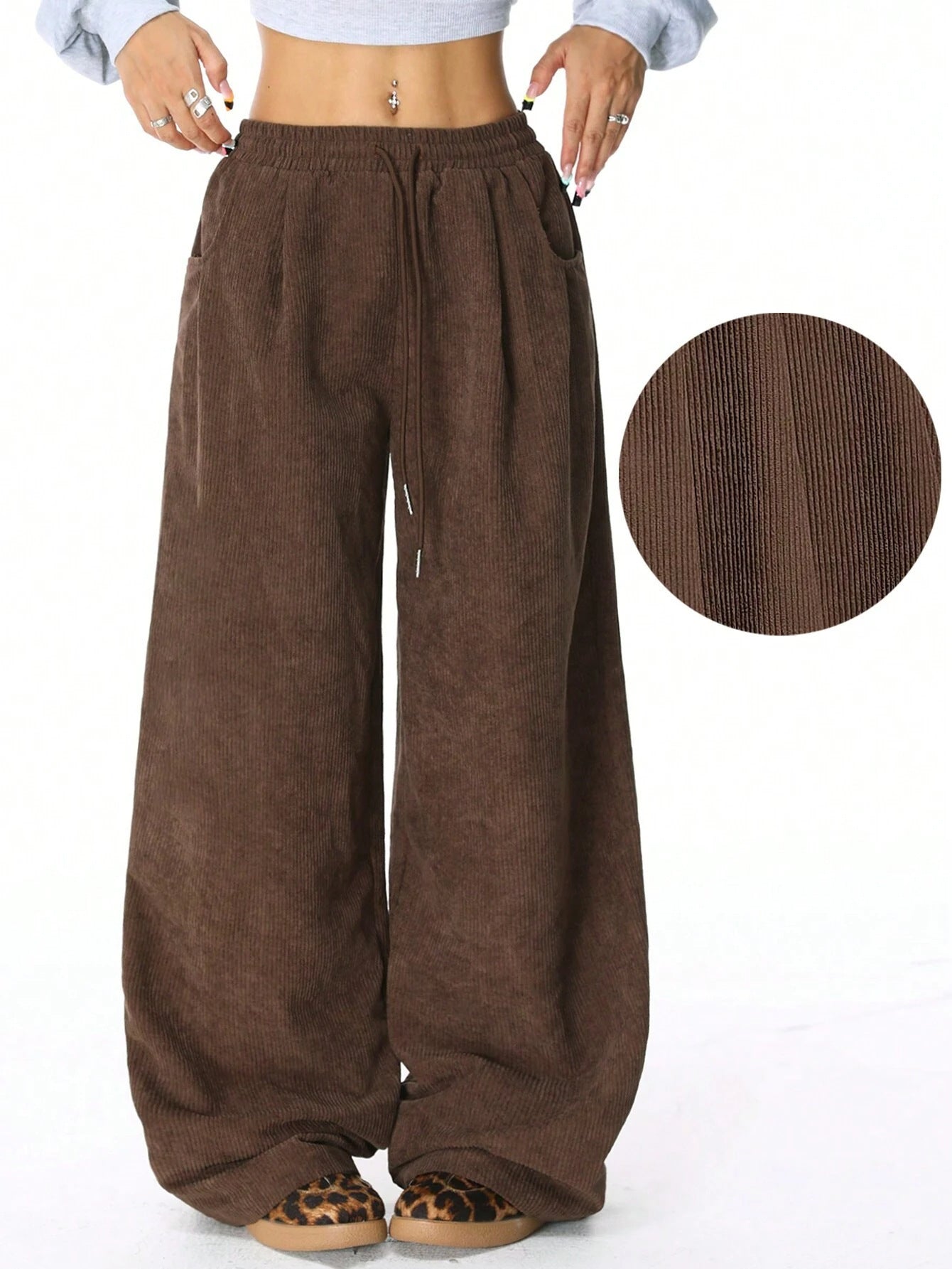 Damen Weite Freizeithose aus Rippmaterial mit elastischem Bund und praktischen Taschen Stalluxe
