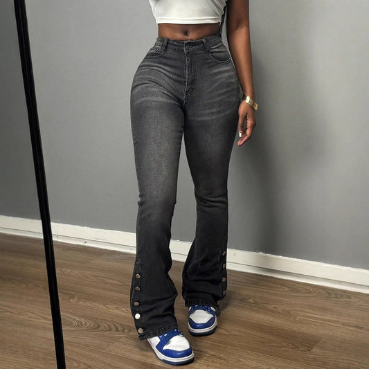 Damen Flared Jeans mit Knopfdetail und hohem Bund Stalluxe