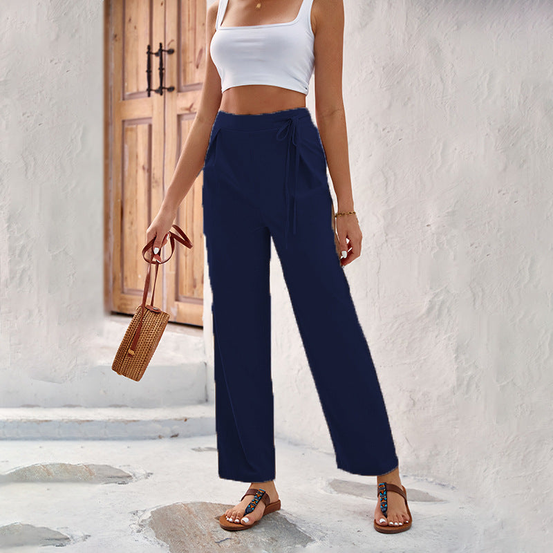 Damen Weitgeschnittene Sommerhose mit elastischem Bund und bindbarem Gürtel Stalluxe