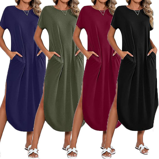 Damen Lässiges Maxikleid mit seitlichem Schlitz und feinem Rundhalsausschnitt Stalluxe