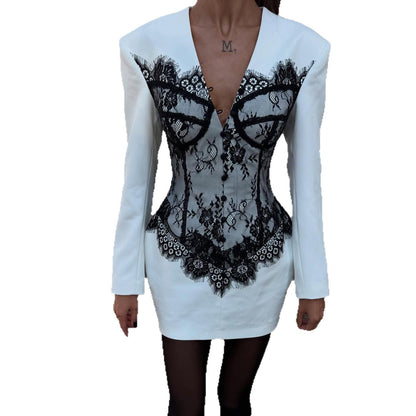 Damen Elegantes Blazer-Kleid mit Spitzen-Detail und tailliertem Schnitt Stalluxe