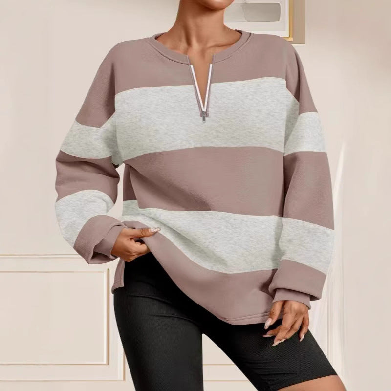 Damen modischer Sweatpullover mit Reißverschluss und gestreiftem Design Stalluxe
