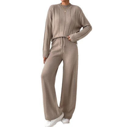 Damen lässiges Strick-Set mit hochabschließendem Pullover und weitem Hosen Stalluxe