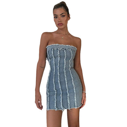 Damen Bleistiftkleid im Denim-Look mit Raffungen und Rüschen Stalluxe