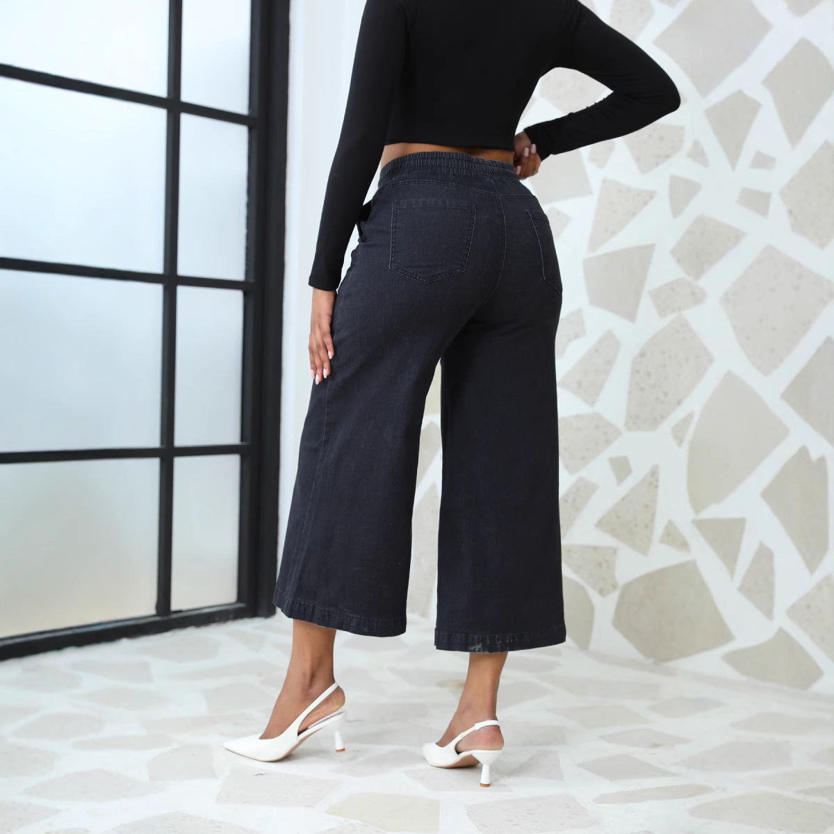 Damen weite Denim-Hose mit elastischem Bund und Kordelzug Stalluxe