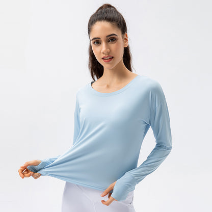 Damen Atmungsaktives Langarm-T-Shirt mit Daumenlöchern und lockerer Passform Stalluxe