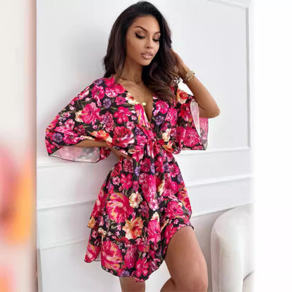 Damen Blumiges Minikleid mit voluminösen Ärmeln Stalluxe