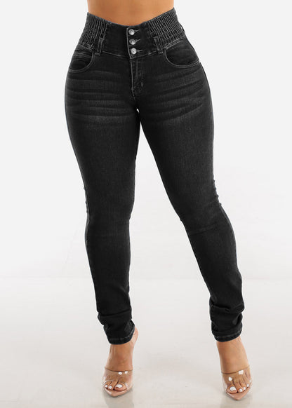 Damen Slim Fit Jeanshose mit elastischem Bund und Knopfverschluss Stalluxe